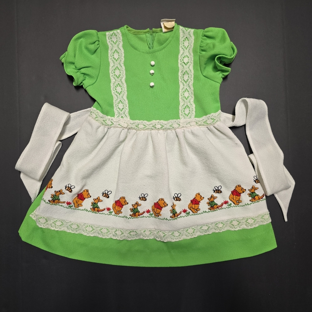 Vtg Sears Winnie The Pooh Roo Dress 70s Embroidered Apron Green Perma Prest Sz 6